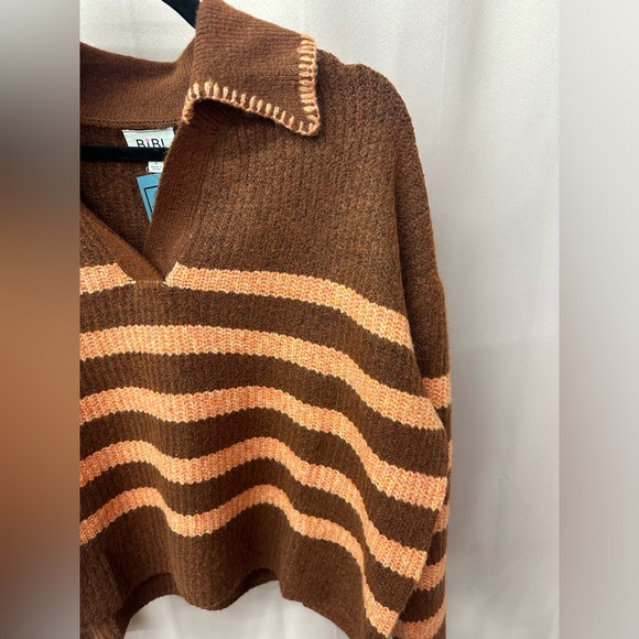 BiBi Brown Sweater with Peach Stripes V-Neck Collar - Picture 2 of 3